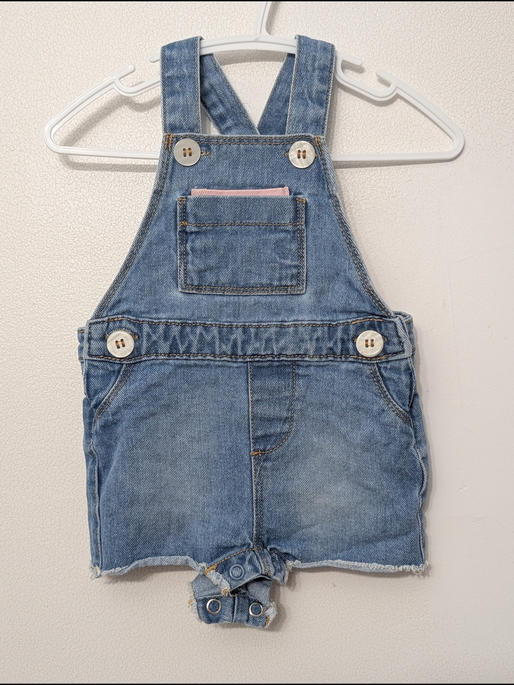 George Light Blue Denim Baby Short Overalls with Pink Pocket Accent 3-6 M Cotton